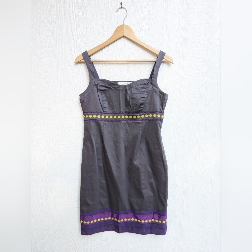 Boden Gray And Purple Pinafore Apron Shift Dress With  Ribbon Trim Size 6P